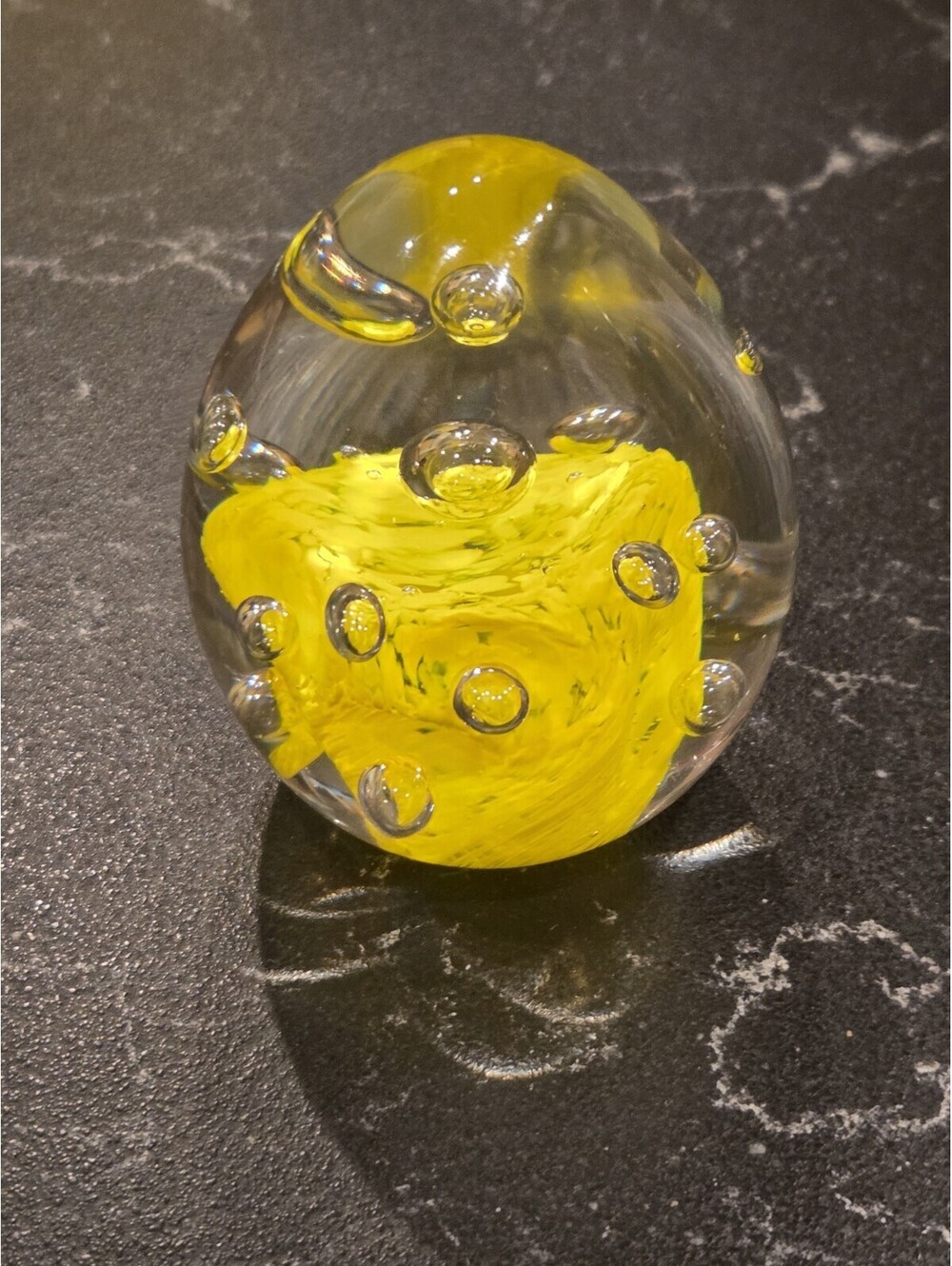 Vintage Art Glass Paperweight Yellow Rose 4" Crystal Egg